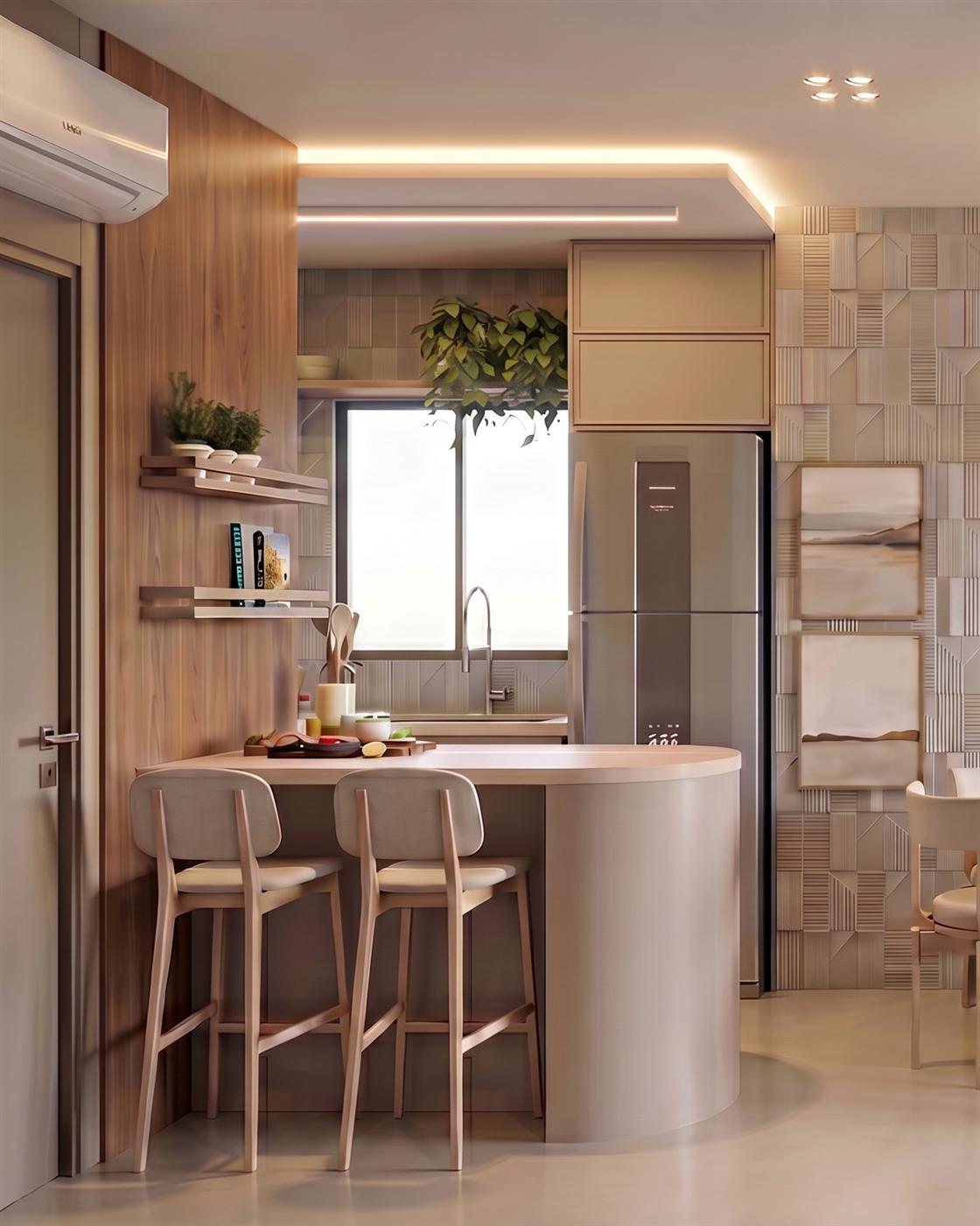 Sala de estar e jantar integradas do apartamento, com marcenaria em madeira e luz natural