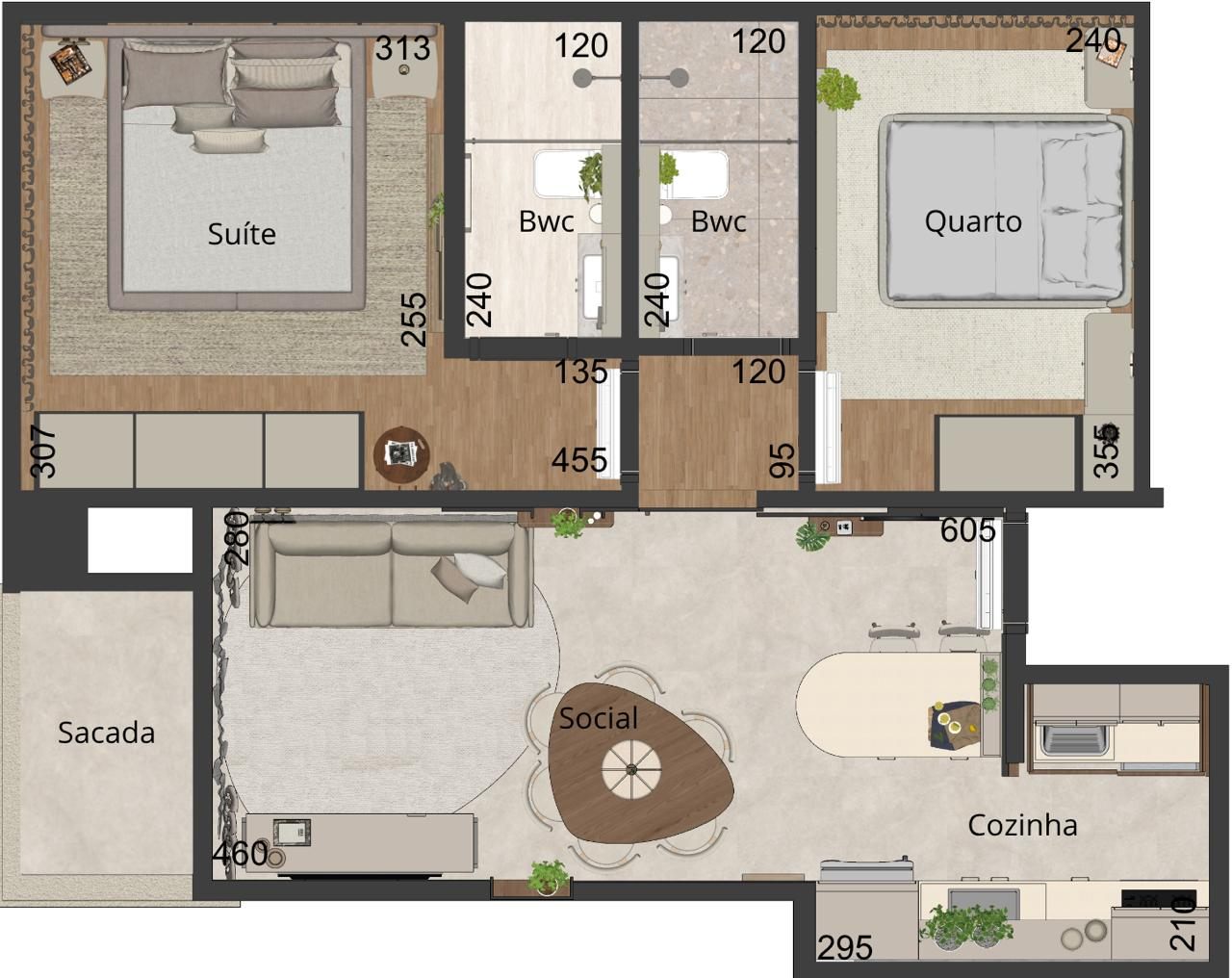 Planta baixa do apartamento suíte mais um quarto, 60,40 metros quadrados privativos