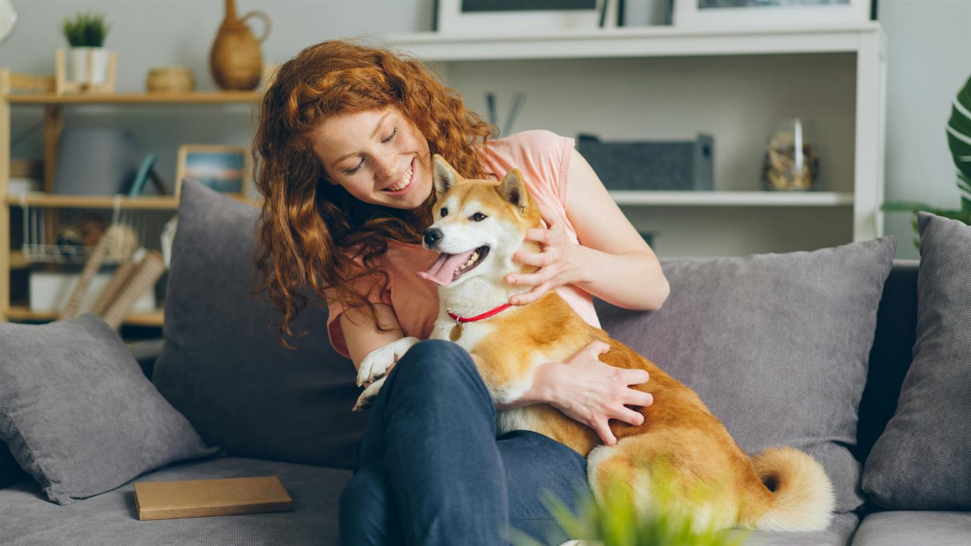 Mulher sorrindo abraçada com seu cachorro no sofá de casa